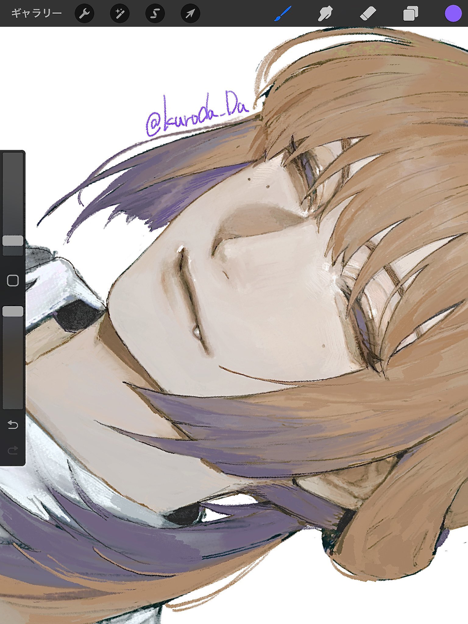 this is a digital drawing of a male character with orange and purple hair. the art style looks like anime/manga and is a close up shot with soft lighting on the face. only part of the neck and shoulders are visible, the rest of the image focuses on the face. the character's eyes are closed and they seem to be at peace.