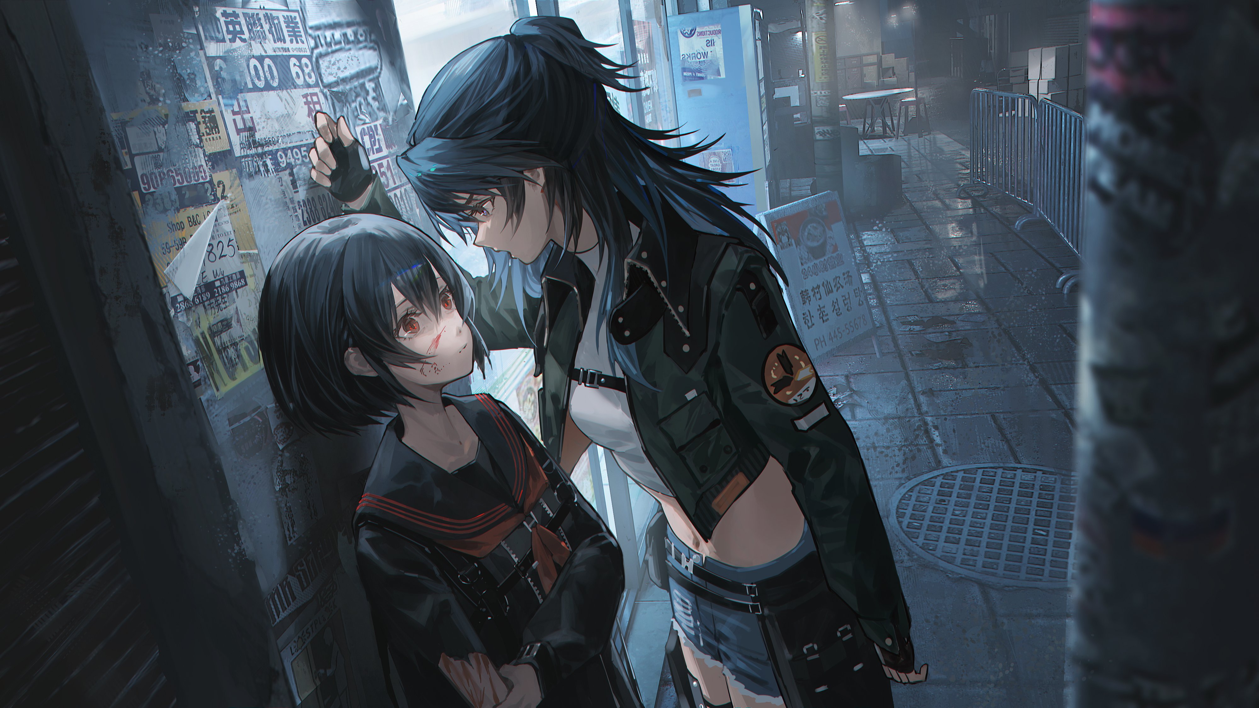 he image showcases two anime girls in a dimly lit urban alleyway. one girl, with long dark blue hair styled in a ponytail, is dressed in a dark green jacket with patches, denim shorts, and black belts. she appears to be leaning over the other girl who has short dark hair and is wearing a dark school uniform with red accents. the second girl seems to have a small wound or scratch on her face.  the background features a wall covered in weathered posters and graffiti in various asian languages, creating a sense of a cyberpunk or futuristic setting. the overall tone is dark, moody, and somewhat mysterious, with the focus on the interaction between the two girls. the art style is detailed and digital, with a focus on realism and subtle lighting effects.