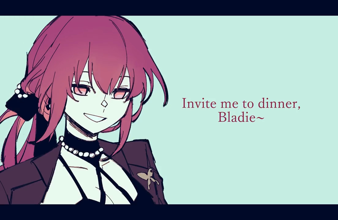 a cute anime girl with pink hair and red eyes, wearing a black suit and dress, is smiling and looking at the viewer. in a speech bubble above her, the text "invite me to dinner, bladie~" is displayed.