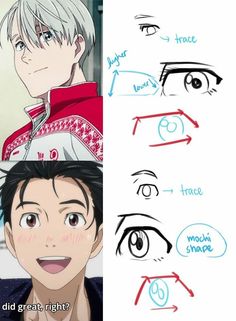 the image is a drawing tutorial on how to draw animestyle eyes, using the character yuri katsuki from the anime "yuri!!! on ice" as an example. it features stepbystep instructions with arrows and labels, highlighting key points like tracing, eye shape, and pupil placement. the tutorial aims to help aspiring artists understand and replicate the distinctive features of anime eyes.