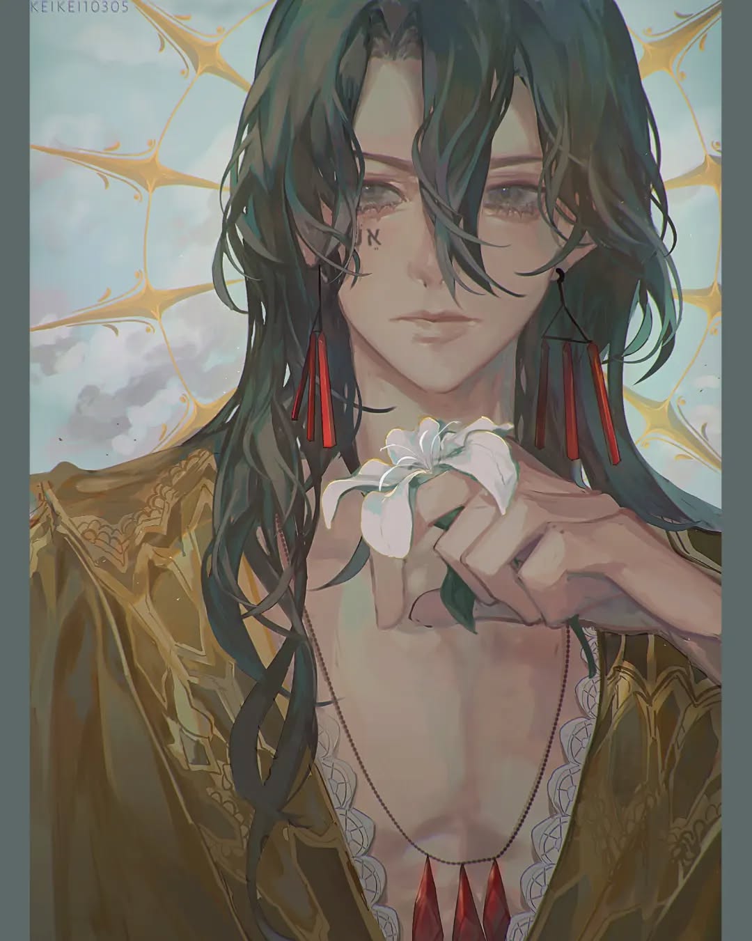 the image is a digital painting or illustration of an animestyle male character. he possesses long, dark hair that frames his face, which features delicate features, pale skin, and subtle facial markings that resemble a small tattoo.  he's wearing a golden, ornate robe with lace detailing at the neckline.  the robe is loose and flowing.  the character wears long, thin, red earrings and a necklace with red pendant stones.  he holds a single white flower close to his chest, which adds to the overall aesthetic of serenity and mystery. the background is a muted, lightcolored scene with a subtle golden halolike effect behind his head, suggesting a divine or ethereal quality. the overall style is highly stylized and evocative, with a focus on delicate linework and soft color blending.  the artist's signature, "keikei110305," is visible in the upper left corner.