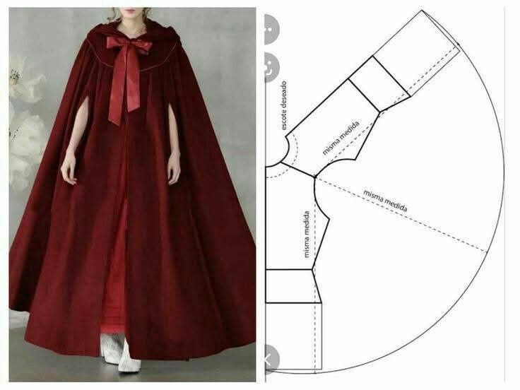 the image shows a maroon, hooded cape with slit sleeves and a tie bow, alongside a sewing pattern diagram for creating the cape. the pattern illustrates the cut and construction of the cape, showing the neckline, shoulder pieces, and the overall circular shape of the cape.