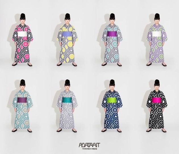 eight women are wearing different colored and patterned yukatas in a grid format against a white background. each yukata has a unique color scheme and a large circular pattern with an obi sash around the waist. the women are standing with their feet apart and hands slightly forward. they all have similar hairstyles. the image is a full shot, showing the entire length of the yukatas. text at the bottom reads "portrait takahashi hiroko".