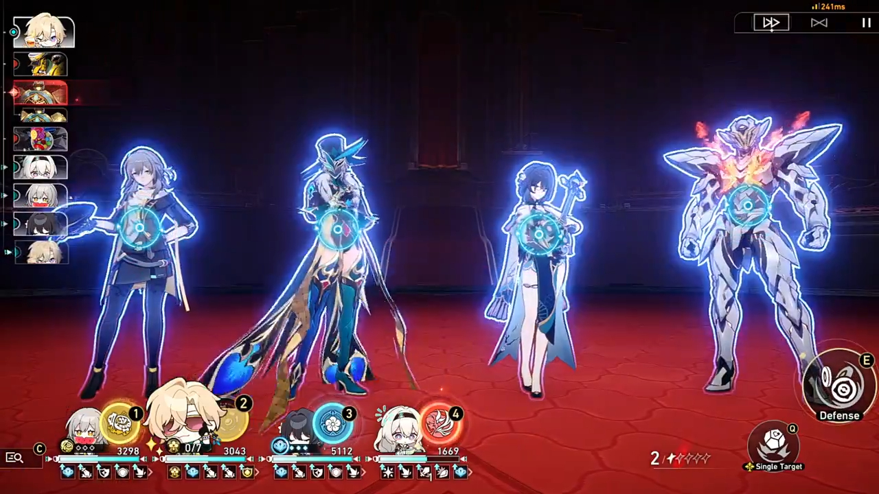 this image captures a scene from honkai impact 3rd, a popular animestyle action rpg mobile game. four characters are engaged in combat against a powerful enemy. the game features a dynamic and engaging battle system where players can control different characters with unique skills and abilities.  the scene showcases the game's beautiful graphics and vibrant visuals, with a mix of futuristic and fantastical elements. the glowing effects and impactful action make this a visually exciting moment in the game.