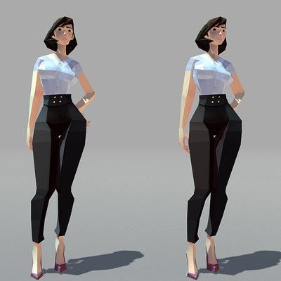 the image shows two stylized, polygonal illustrations of a woman in business casual attire. she is wearing a lightcolored, shortsleeved shirt tucked into highwaisted, dark pants with button details at the waist. the woman is also wearing heeled shoes. the illustrations have a flat, geometric aesthetic. the background is a neutral gray color.