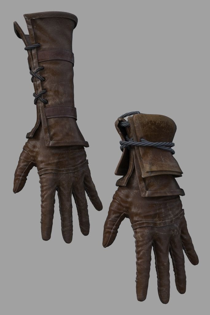the image shows a pair of brown leather gloves. one glove is longer, extending up the forearm with a cuff that is laced up. the other glove has a shorter cuff secured with a cord. both gloves have articulated fingers and decorative layering on the back of the hand.
