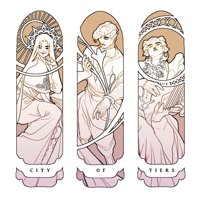 the image depicts three separate, vertical panels designed to resemble stained glass windows in the art nouveau style. each panel showcases a single figure with stylized features, dressed in flowing garments and posed amidst decorative elements inspired by nature. the leftmost panel features a longhaired figure seated on a throne, the middle panel presents a standing figure seemingly reaching for a flower, and the rightmost panel portrays a figure delicately playing a stringed instrument.  the words "city," "of," and "tiers" are inscribed on banners beneath each respective panel, suggesting a narrative connection. the color scheme is a soft, muted palette of pinks and creams, enhancing the vintage aesthetic.