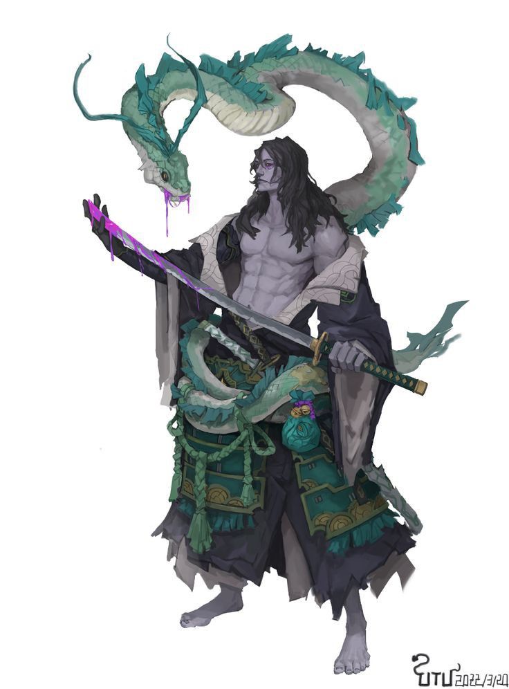 a digital painting of a man in a traditional japanese samurai outfit, holding a katana. he has a long green dragon wrapped around him, and his robe is purple and green. he is barefoot and looks to be in a fighting stance. the art is stylized and has a fantasy feel.