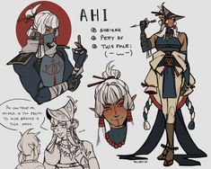 a digital drawing of a sheikah character concept sheet. the character has white hair pulled up with chopsticks, tan skin, and yellow eyes. they are wearing a blue and white outfit with a red symbol on their chest. they are holding a weapon in their hand. there are notes around the drawing describing the character's personality and design.
