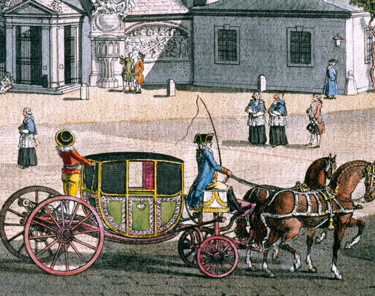 an illustration of a horsedrawn carriage in a historical cityscape, featuring several people standing around and a large building in the background.