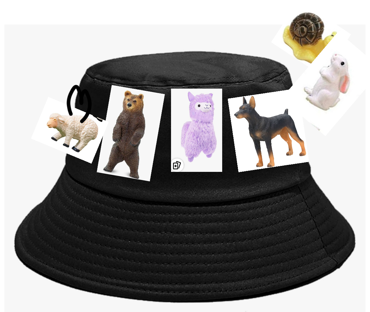 a black bucket hat with images of a white sheep, brown bear, purple alpaca, black and tan dog, white rabbit, and brown snail. the images are placed around the hat and the hat is on a white background.