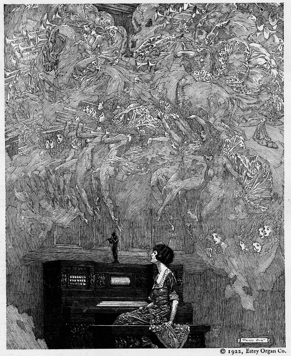 this is a vintage black and white illustration, likely from an advertisement for estey organs, dated 1922. it depicts a woman elegantly dressed, seated at an ornate estey organ. above her, a fantastical scene unfolds with numerous angelic or cherubic figures playing musical instruments in a dreamlike, celestial setting. the illustration showcases a blend of art deco style and surreal imagery, creating a captivating and atmospheric piece. the level of detail in both the woman's attire and the ethereal upper scene is highly intricate.  the overall mood is peaceful and tranquil, suggesting the enjoyment and sophistication associated with owning an estey organ.