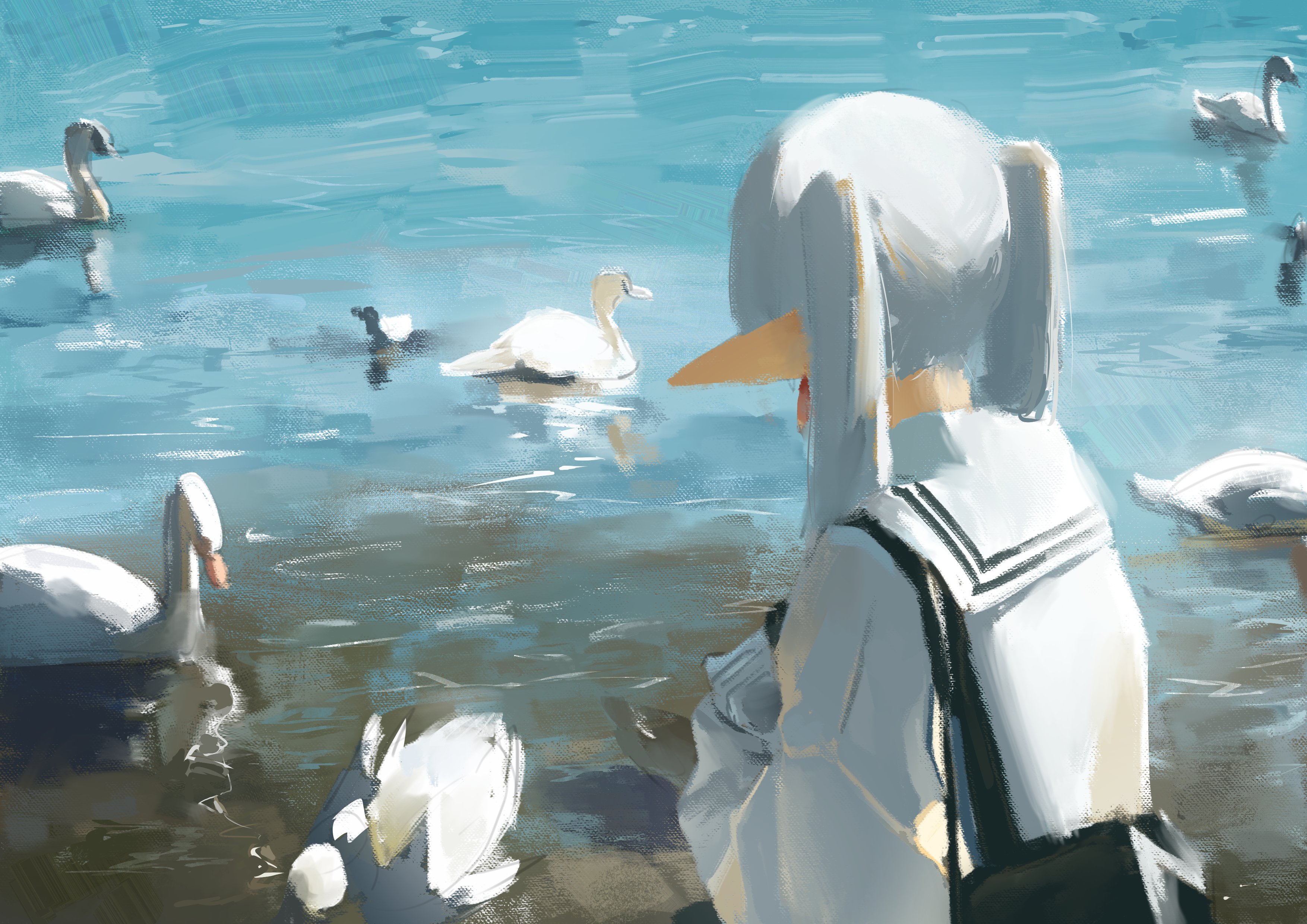 the digital painting shows an animestyle girl with long, white hair and elflike ears, wearing a sailorcollared uniform and a backpack.  she's standing by a lake, her back to the viewer, observing a group of swans swimming in the calm, sunlit water. the overall style is painterly and soft, with a focus on light and atmosphere.  several swans are visible in the water, some near the shore and others further out. the color palette is mostly cool, with shades of blue, white, and grey dominating the scene.