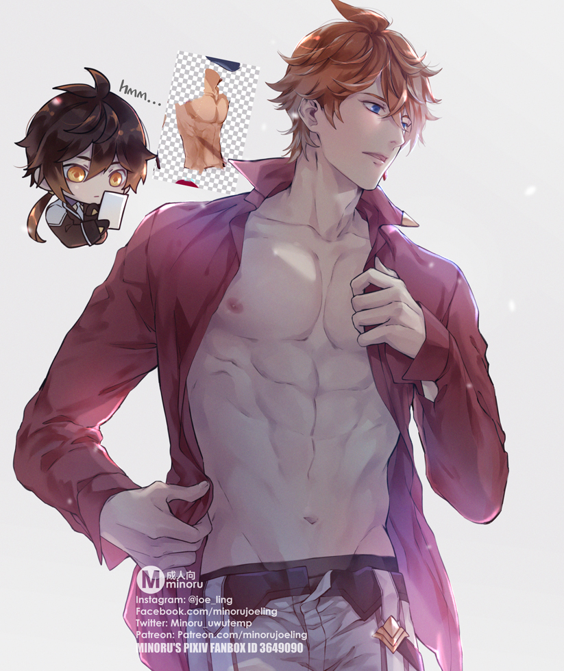 the image is a digital illustration of a male anime character with red hair and brown eyes. he is wearing a red shirt that is open, revealing his muscular chest and sixpack abs. the character is smiling and blushing. the illustration is done in a cartoon style and is very detailed. the background is a white, blurry background, and there is a small character of another anime character in the top left corner looking at the main character, who is in the center of the image, with the words "hmm..." above him. the words "m minoru" are also in the bottom left corner of the image with the artist's social media handles and links below that.