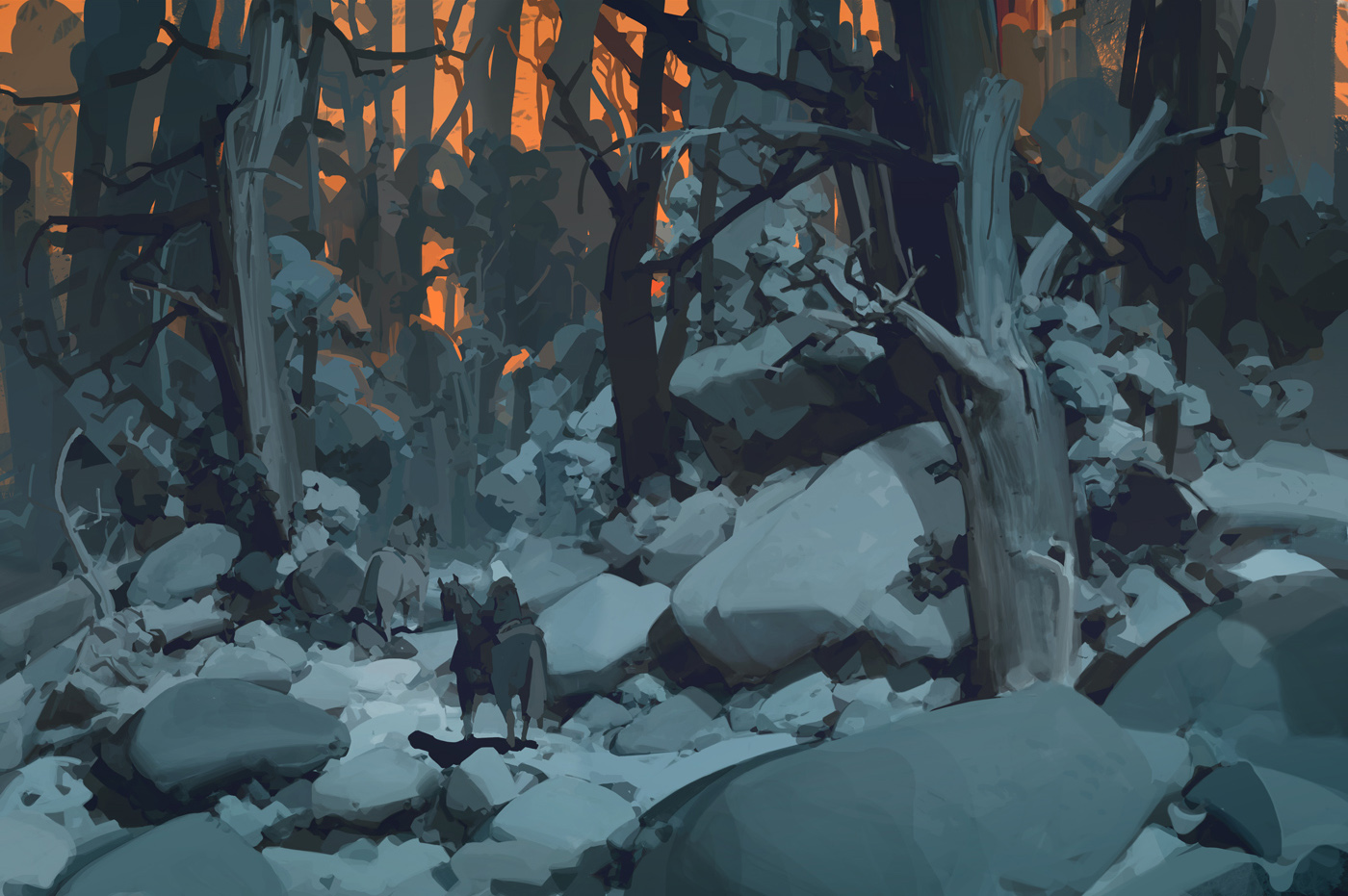 the image shows a landscape with riders on horseback in a forest clearing filled with rocks and boulders. the trees are silhouetted against an orange glow in the background.