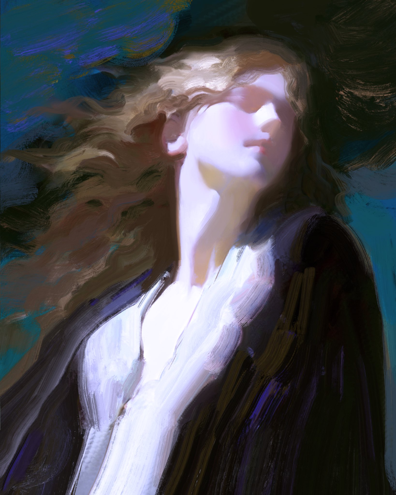 this is a digital painting of a woman with long blonde hair. she is wearing a white dress with a dark jacket. the painting is in a soft, dreamy style, with delicate brushstrokes and a muted color palette. the woman's face is turned away from the viewer, and her expression is mysterious and alluring. the background is a blur of blue and purple hues, creating a sense of depth and atmosphere. overall, the painting is a beautiful and evocative work of art that captures the essence of feminine beauty and mystery.