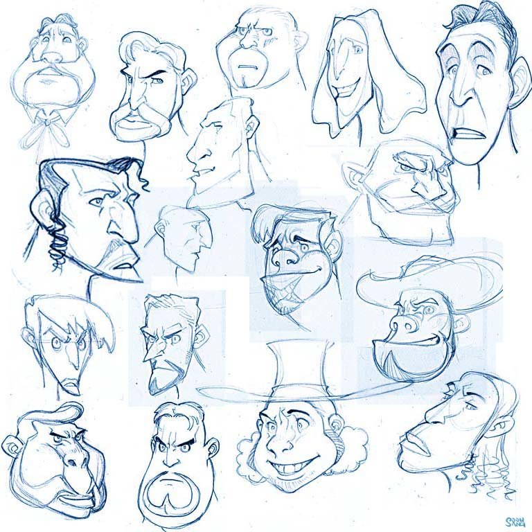the image showcases a collection of caricature sketches featuring exaggerated facial features of men, rendered primarily with blue pencil on white paper. the drawings depict a variety of characters, each with distinct and humorous expressions. the artist's use of line weight and shading effectively conveys form and volume within the simplified style.
