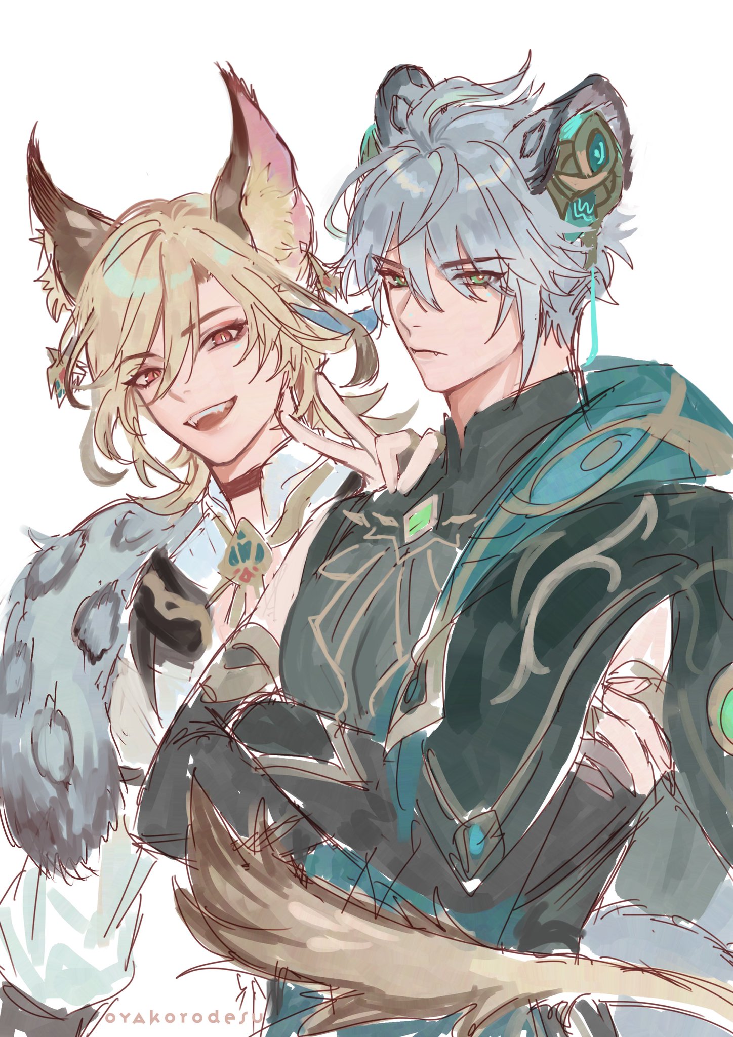 the image depicts a young man with long, flowing blonde hair and a catlike appearance standing next to another young man with short, white hair. the blonde man is smiling brightly, while the whitehaired man has a more reserved expression. they are both wearing elaborate outfits with intricate details. the blonde man's outfit is mostly white with touches of gold and has a feathery design on the back of his shoulders. the whitehaired man's outfit is mostly dark green with metallic details. there are also hints of a blue and gold design on the back of his outfit. they are leaning close to each other, almost as if they are about to kiss.  the style of the image is anime or manga, and it is drawn in a soft, colorful style with a focus on line work and details.