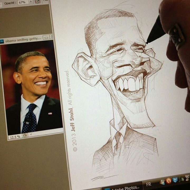 the image shows a closeup of a screen displaying a digital caricature of former us president barack obama. next to the drawing is a reference photograph of obama smiling. a hand holds a pen above the caricature, suggesting it is being drawn or refined. the screen displays elements of the adobe photoshop interface. copyright information for jeff stahl is visible on the drawing.