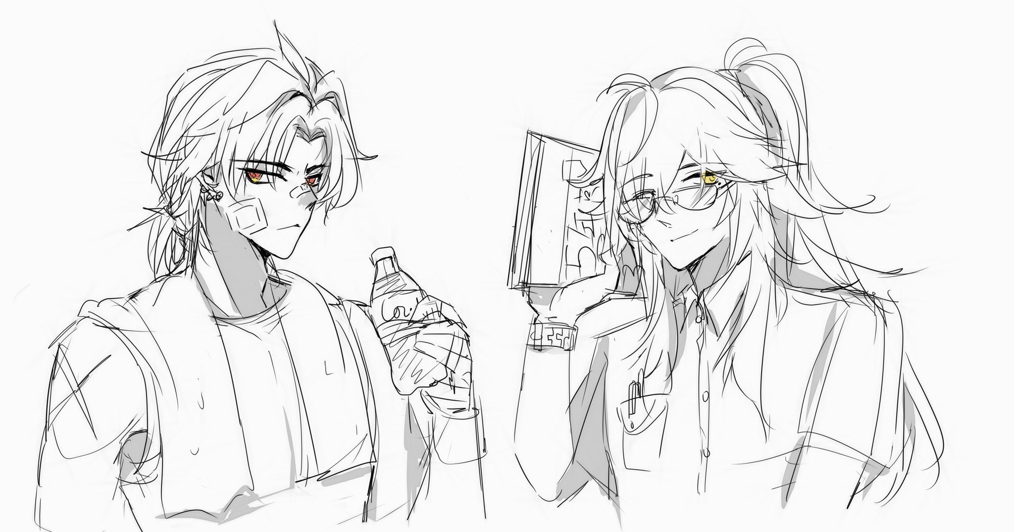 a black and white sketch of a boy and a girl standing sidebyside. the boy is on the left and has his hair pulled back into a ponytail. he is wearing a casual shirt and appears to be holding a bottle in his right hand. the girl is on the right with long, flowing hair. she is wearing a collared shirt and is holding a book in her left hand. both of them are looking to the right of the frame.