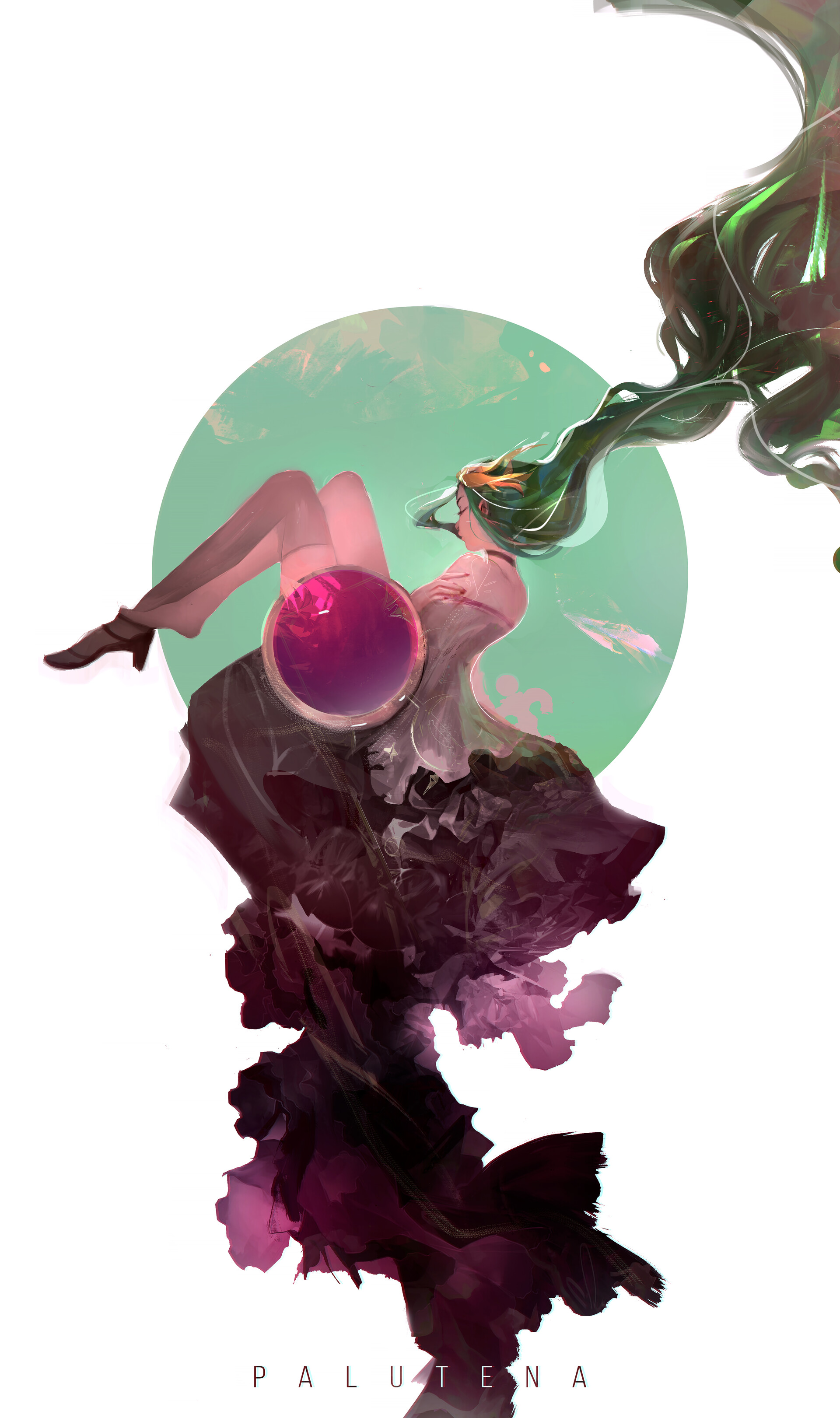 a girl with long green hair is floating in an abstract space. she's wearing a flowy black and white dress, thighhigh socks, and heeled boots. in her hand, she is holding a circular object that has a bright pink inside. behind her is a light green circle. abstract strokes of dark pink paint are below her and feathers are floating around her.