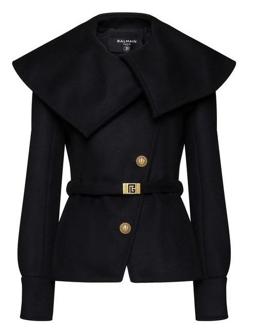 a black balmain blazer with a wide collar, a belt with a buckle, and button details.