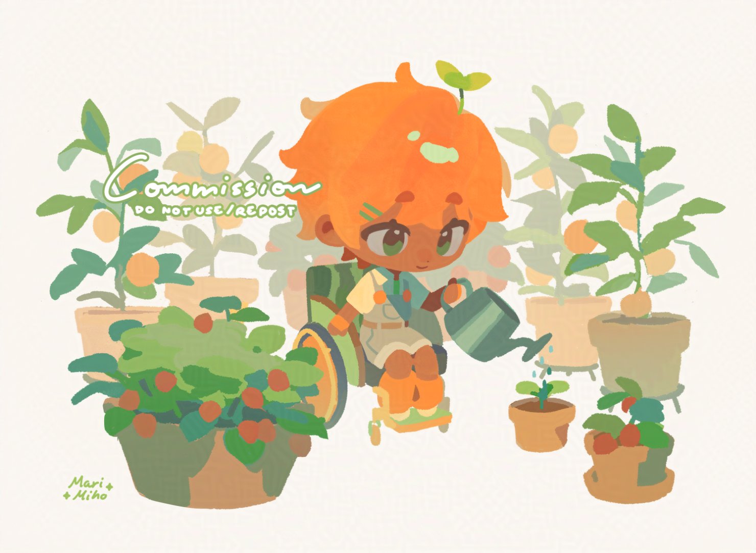 the image is a digital illustration featuring a chibistyle character with bright orange hair and brown skin sitting in a wheelchair.  the character is happily watering a small seedling and several potted plants, including small orange trees.  the style is cute and pastel, with soft colors and rounded shapes. the background features more potted plants, creating a gardenlike setting.  a watermark indicating it's commission art by "mari + miho" and a "do not use/repost" note is visible.
