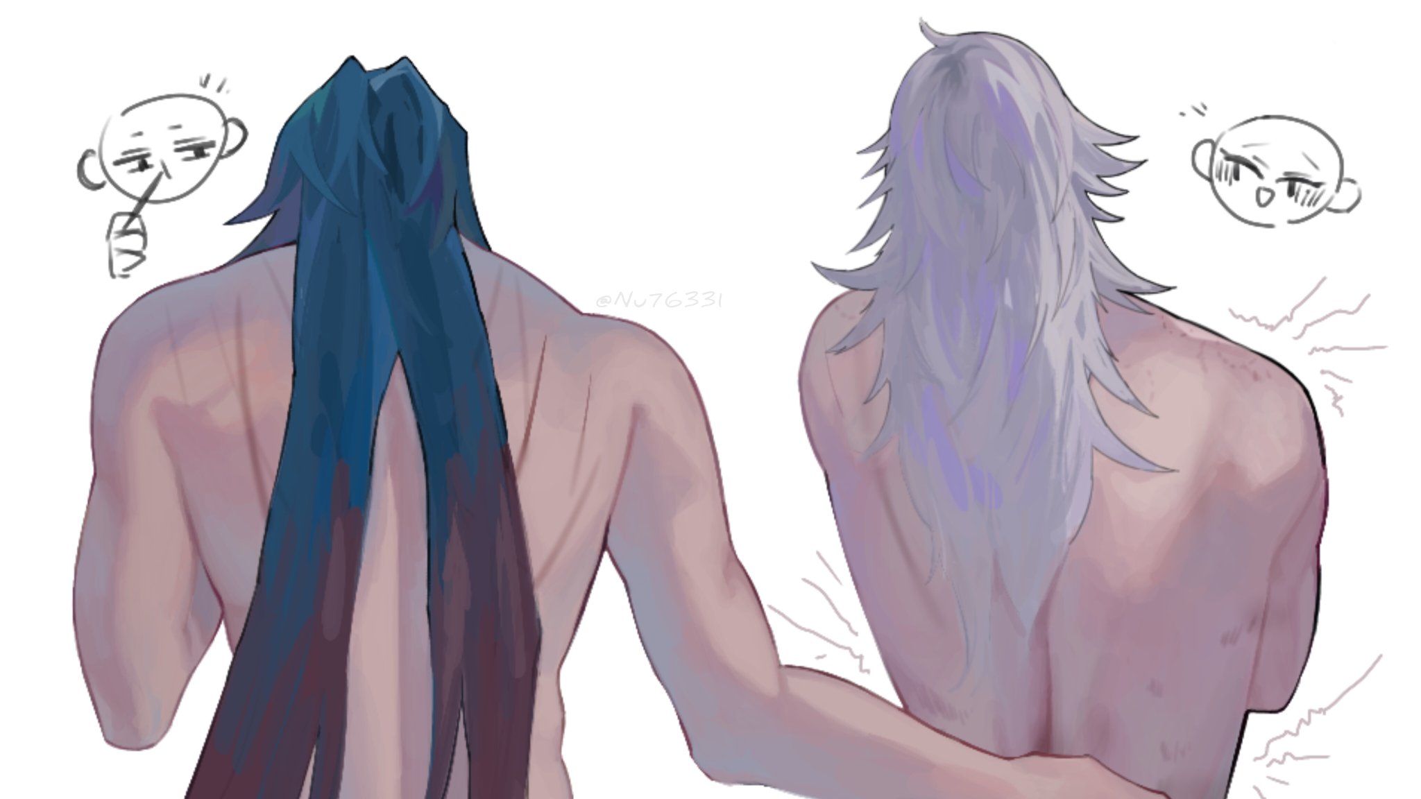 this is a digital illustration of two men with their backs turned to the viewer, looking away from the viewer with shy expressions. the man on the left has long blue hair, while