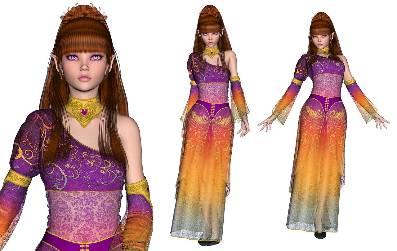 the image shows three 3d rendered depictions of a fantasy elf woman. she has long brown hair with bangs, fair skin, light purple eyes, and pointed ears. she wears a oneshoulder gown that transitions from purple at the top to orange at the bottom, with gold accents and intricate patterns. she also wears a gold choker with a purple heart pendant and a matching tiara. the images showcase her from a closeup portrait perspective and two fullbody poses.