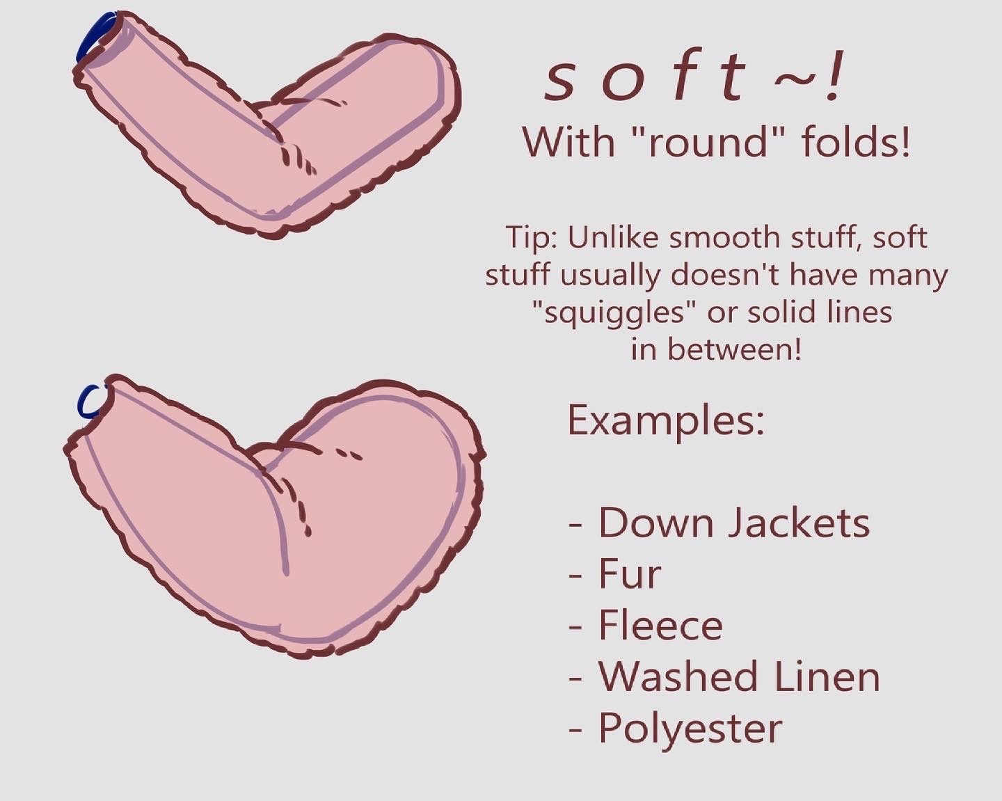 the image features two illustrations of pink fabric sleeves. text describes the nature of soft fabric folds, using the example of these sleeves. additional examples of soft materials are provided in a bulleted list.