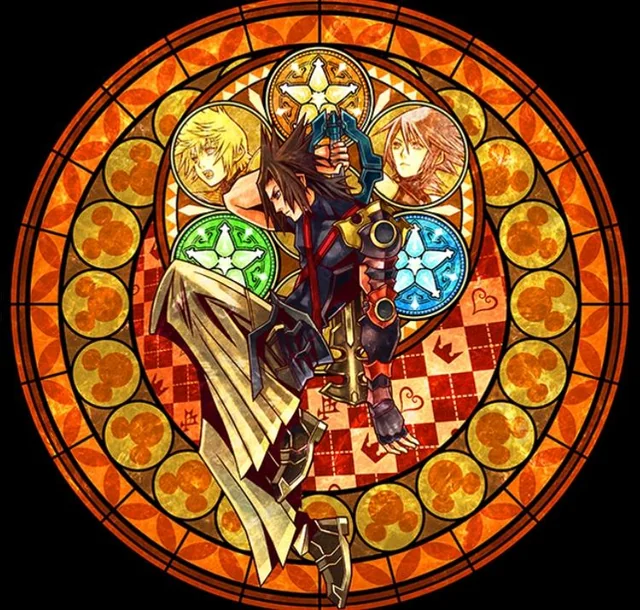 a circular stained glass window design featuring four characters from the video game kingdom hearts. a central male figure in dark clothing holds a sword aloft, surrounded by three smaller portraits. intricate patterns of hearts, crowns, and stylized symbols adorn the border, rendered in vibrant orange, yellow, and black. the artwork evokes a sense of religious iconography and fantasy adventure.