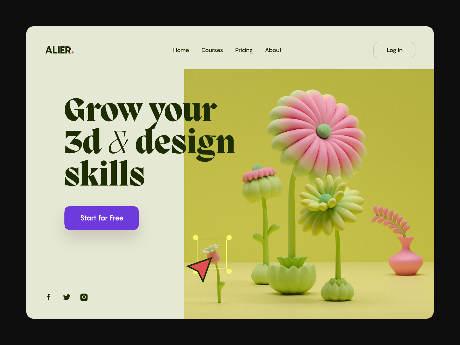 the image is a website landing page for an online learning platform that offers 3d design courses. the page features a 3d illustration of colorful flowers in pots against a yellow background. the text on the page reads, "grow your 3d & design skills" and "start for free".  the image is designed to attract people interested in learning 3d design skills and highlights the benefits of joining the platform.