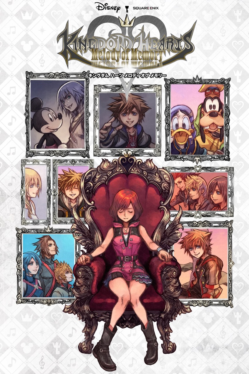 the image showcases a promotional artwork for the video game "kingdom hearts: melody of memory." it features kairi, a central female character, seated prominently on a red throne, conveying a sense of importance and power. surrounding her are framed portraits of other significant characters from the kingdom hearts series, including sora, riku, mickey mouse, donald duck, and goofy. the art style is characteristic of the franchise, blending disney aesthetics with square enix's design elements.