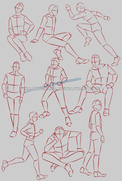 this image showcases a series of stick figure drawings with simple line art outlining a human body in various poses. these are helpful for learning the fundamentals of figure drawing and are great for practicing human anatomy, proportion, and dynamic poses. the outline and line art are in a dark red color on a light grey background.