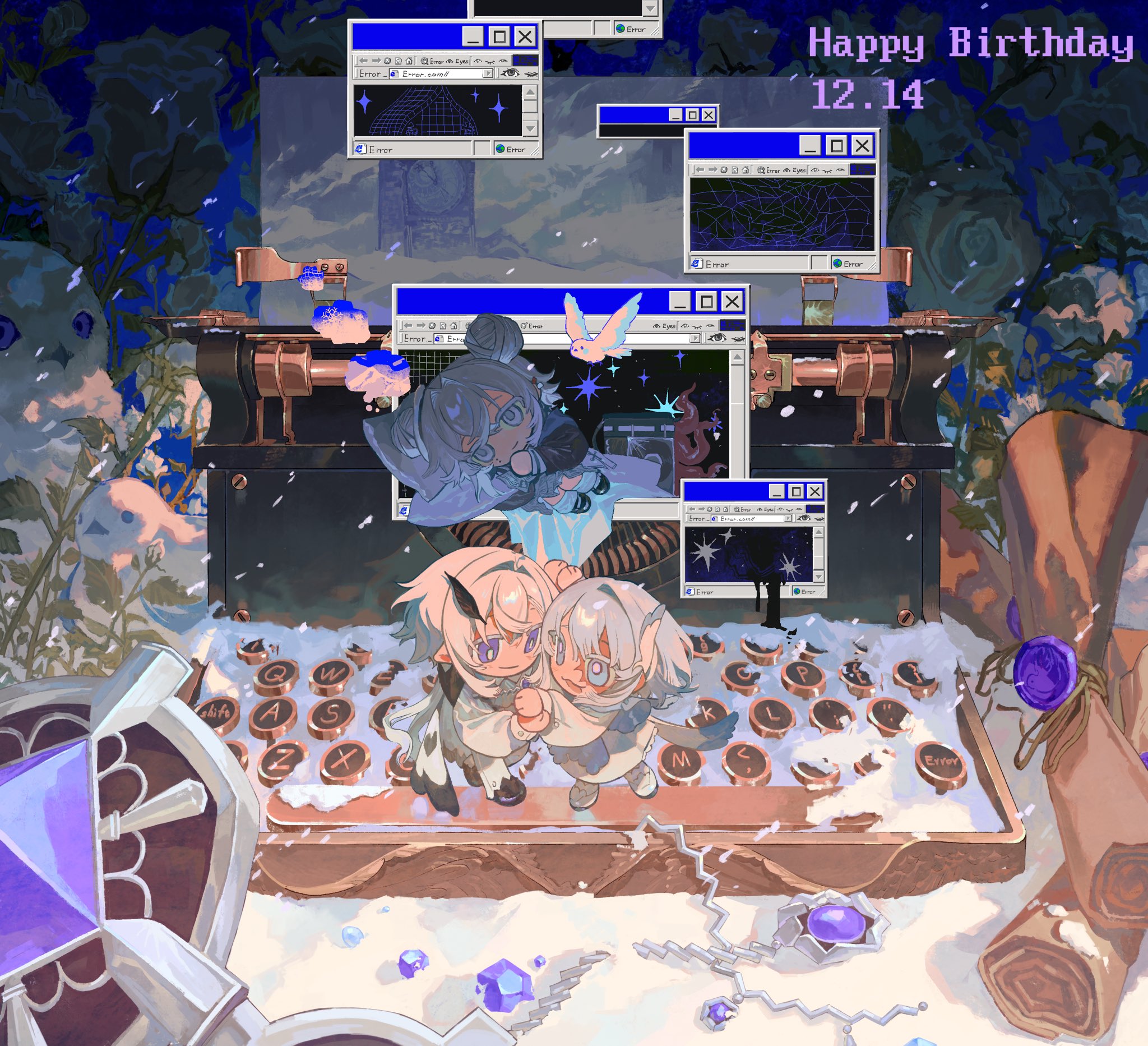a digital art illustration of an anime girl with an "happy birthday" banner above her.  the illustration is very detailed and includes a typewriter, snow, and a computer screen.  the background is a blue hue, which gives the illustration a retro and vintage feel. the illustration is very cute and fun and is sure to brighten anyone's day.