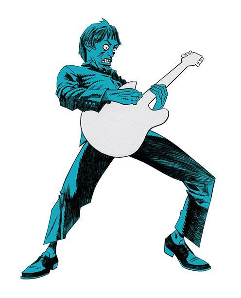 a cartoon illustration of a blue man playing an electric guitar. the man is wearing a suit jacket and trousers. he is in the middle of a guitar solo. the guitar is white and the man is drawn in a blue shade.