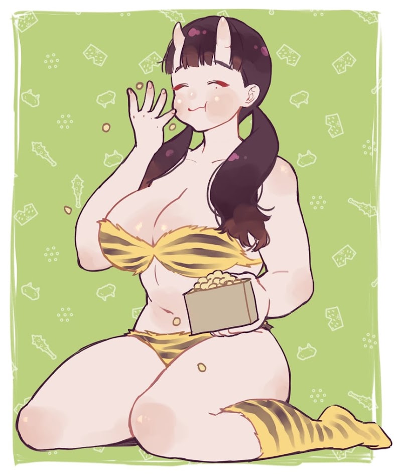 a cute anime girl with horns, dressed in a tiger costume, is happily eating soybeans from a box. she is sitting on a green background with a pattern of small white dots and scattered soybeans. she is smiling and has a happy expression. the art style is vibrant and colorful, with a strong emphasis on cuteness.  the image is likely a reference to the japanese tradition of "setsubun", a festival celebrated on february 3rd, when people throw soybeans to ward off evil spirits.