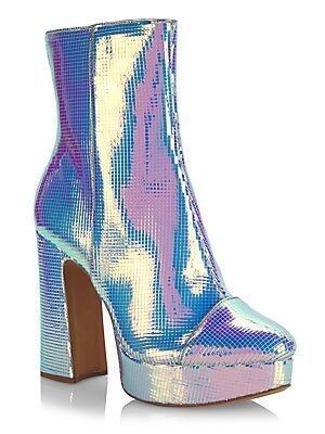 an ankle boot with a platform and heel in iridescent material.