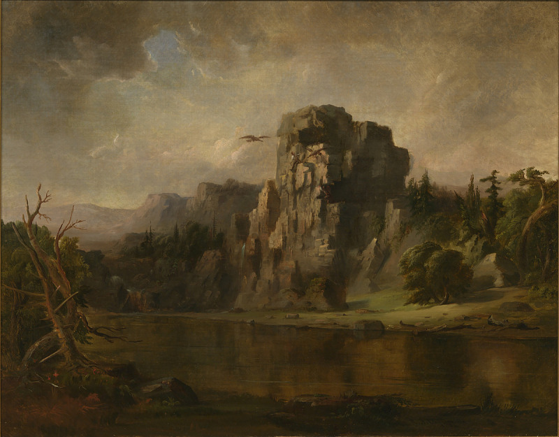 the image is a landscape painting depicting a river flowing in front of a rocky cliff face and mountainous terrain. the sky is cloudy, with a patch of light blue visible. an eagle soars above the cliff. the landscape includes various trees and foliage, with a prominent dead tree in the foreground. the river reflects the colors of the sky and surrounding landscape. the overall impression is one of wilderness and natural beauty, rendered in a classical artistic style.