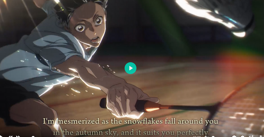 a closeup shot of an anime character intensely focused on a badminton shot.  the scene is dramatic, with motion blur and a soft focus on the background, suggesting speed and movement.  snowflakes appear to be falling around the player, creating a contrast between the wintery effect and what seems to be an autumn setting.  a quote about being mesmerized by the scene is overlaid on the image. the overall aesthetic is visually appealing, combining dynamic action with a serene atmosphere. the image likely comes from a movie or tv show.