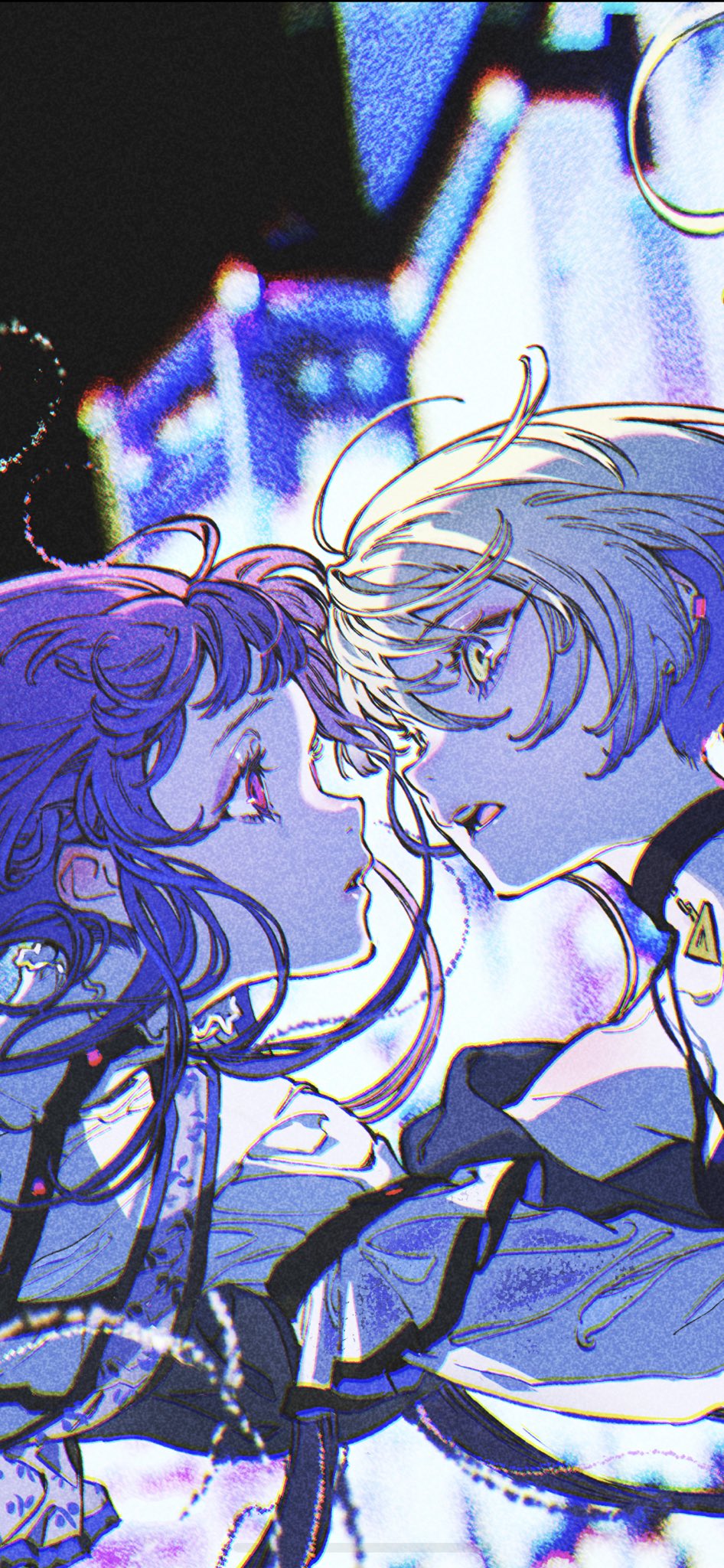 the image showcases a digital illustration featuring two female anime characters in a closeup, seemingly moments before a kiss. they are framed against an abstract, glitched background filled with vibrant blues and purples, lending a cyberpunk or glitchcore aesthetic.  the lighting is artificial and dramatic, highlighting the characters' faces and creating a sense of intimacy.