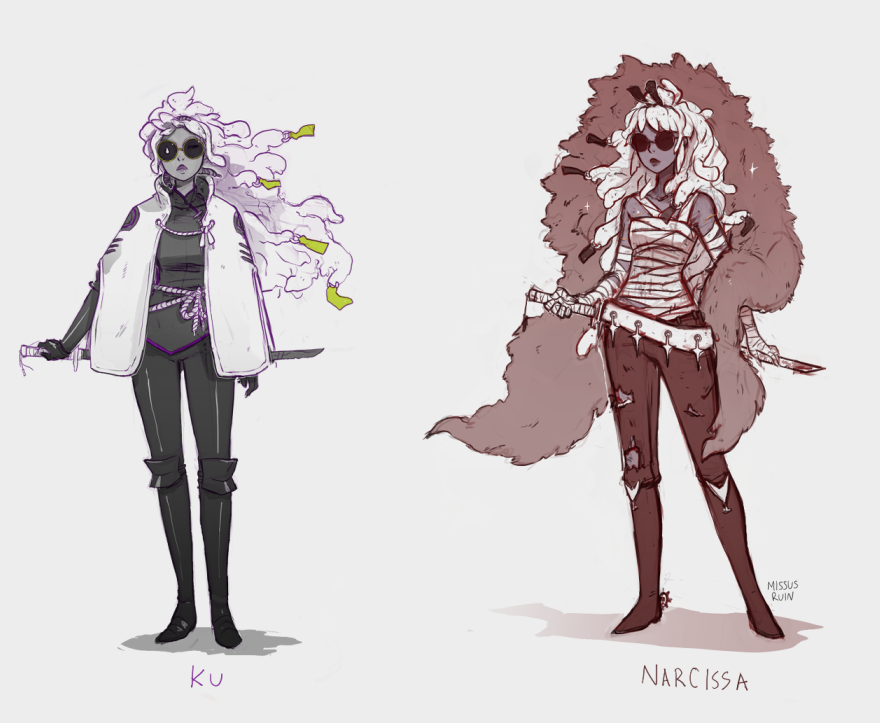 his image showcases two distinct character designs.  on the left is a character named "ku," depicted in a sleek, dark outfit with a long white coat,  dark pants, and boots, wielding a katana. her long, light purple hair flows freely. she wears sunglasses.the character on the right, "narcissa," has a more rugged, punkish aesthetic. she wears a tattered bandage top, ripped pants, and high boots. her hair is similar to ku's, but she is adorned with a large, furry coat and carries multiple knives.  both characters wear sunglasses. the style is loose and sketchy, suggesting concept art or early stage character development.  the overall aesthetic leans towards fantasy or perhaps a dark fantasy genre.