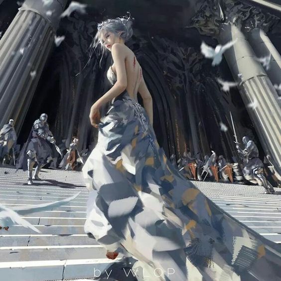 a woman in a flowing white and blue dress walks down the steps of a grand, gothicinspired castle. she has silver hair and a determined expression. behind her, armored soldiers stand at attention. doves fly around the scene, adding to the ethereal atmosphere. the image uses a low angle perspective, emphasizing the woman's power and the grandeur of the castle. the color palette is muted, with grays, whites, and blues dominating the scene. this creates a sense of both elegance and melancholy.