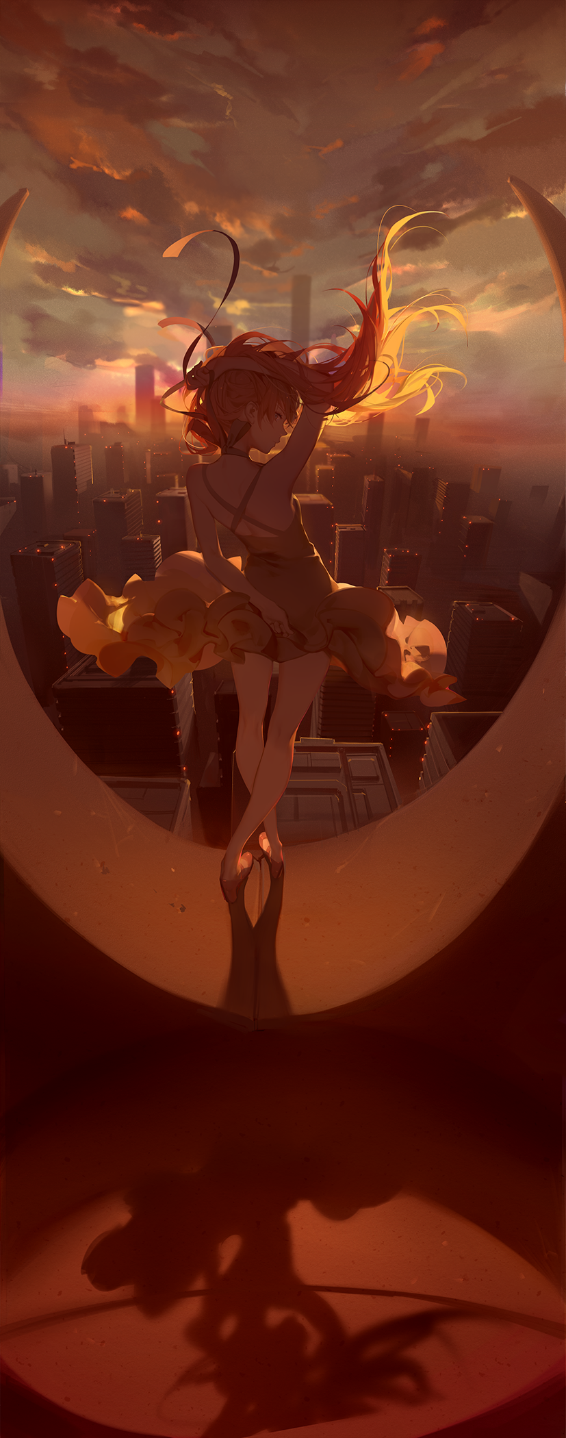 an anime girl with orange hair and a yellow dress is dancing on top of a crescent moon against a city skyline at sunset. her shadow is cast below. the overall color palette is warm with shades of orange and brown.
