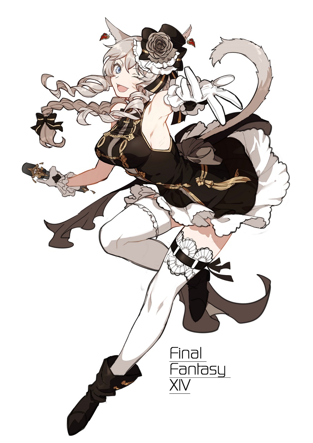 a white haired anime girl with cat ears and tail wearing a black and white dress, white stockings, and boots is posing with a weapon in her right hand. she is smiling and looking at the viewer. the background is white.  "final fantasy xiv" is written in the lower right corner.