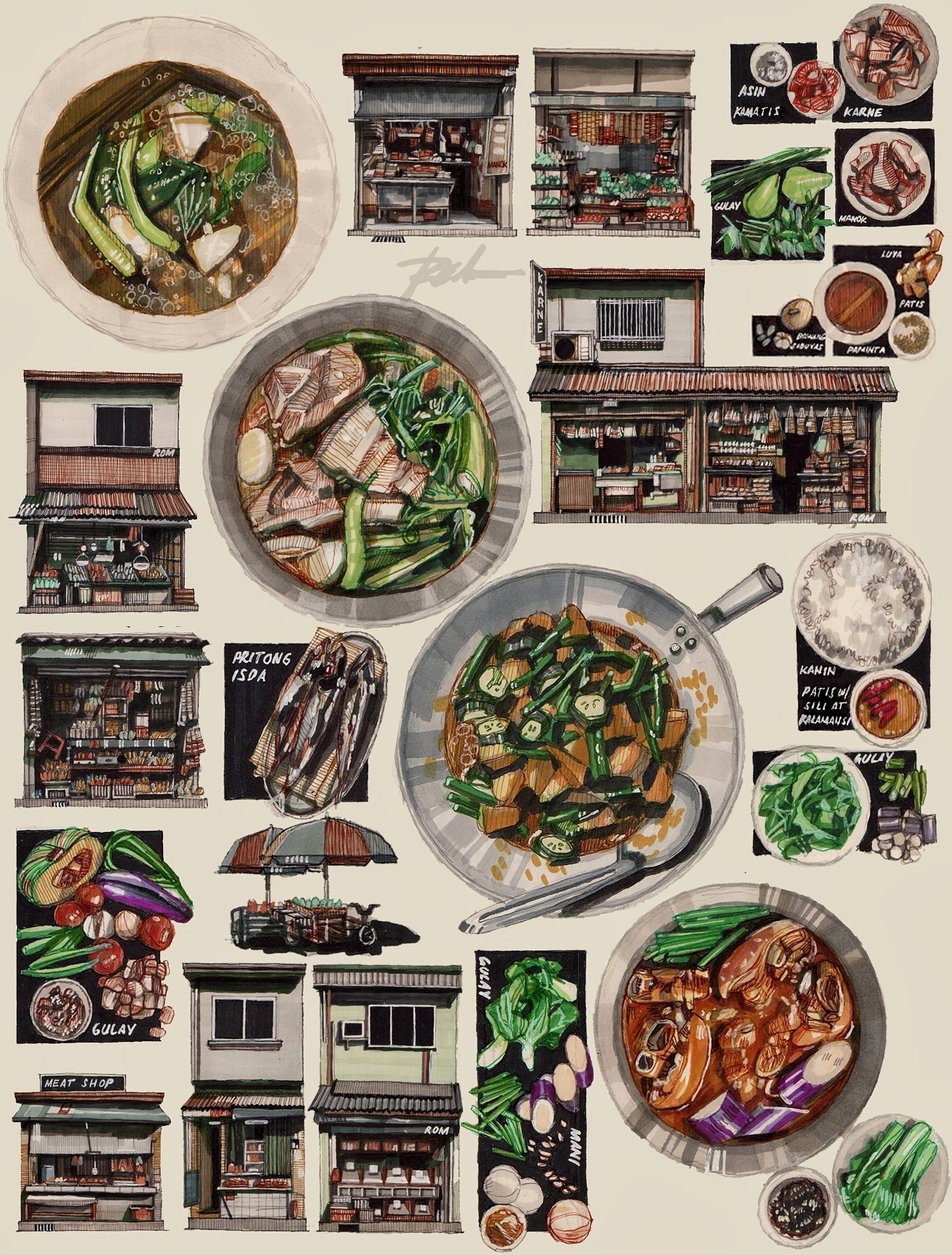 the image is an illustration of various filipino food and sarisari stores. there is sinigang, adobo, and pinakbet.