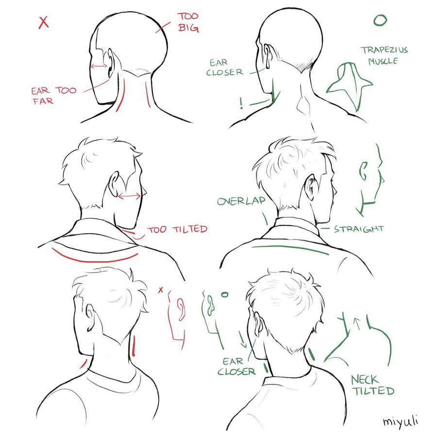 this image is an anatomy tutorial demonstrating how to draw the neck and head from the side view. several examples with different perspectives are included.  the image has annotations pointing out common mistakes and best practices.
