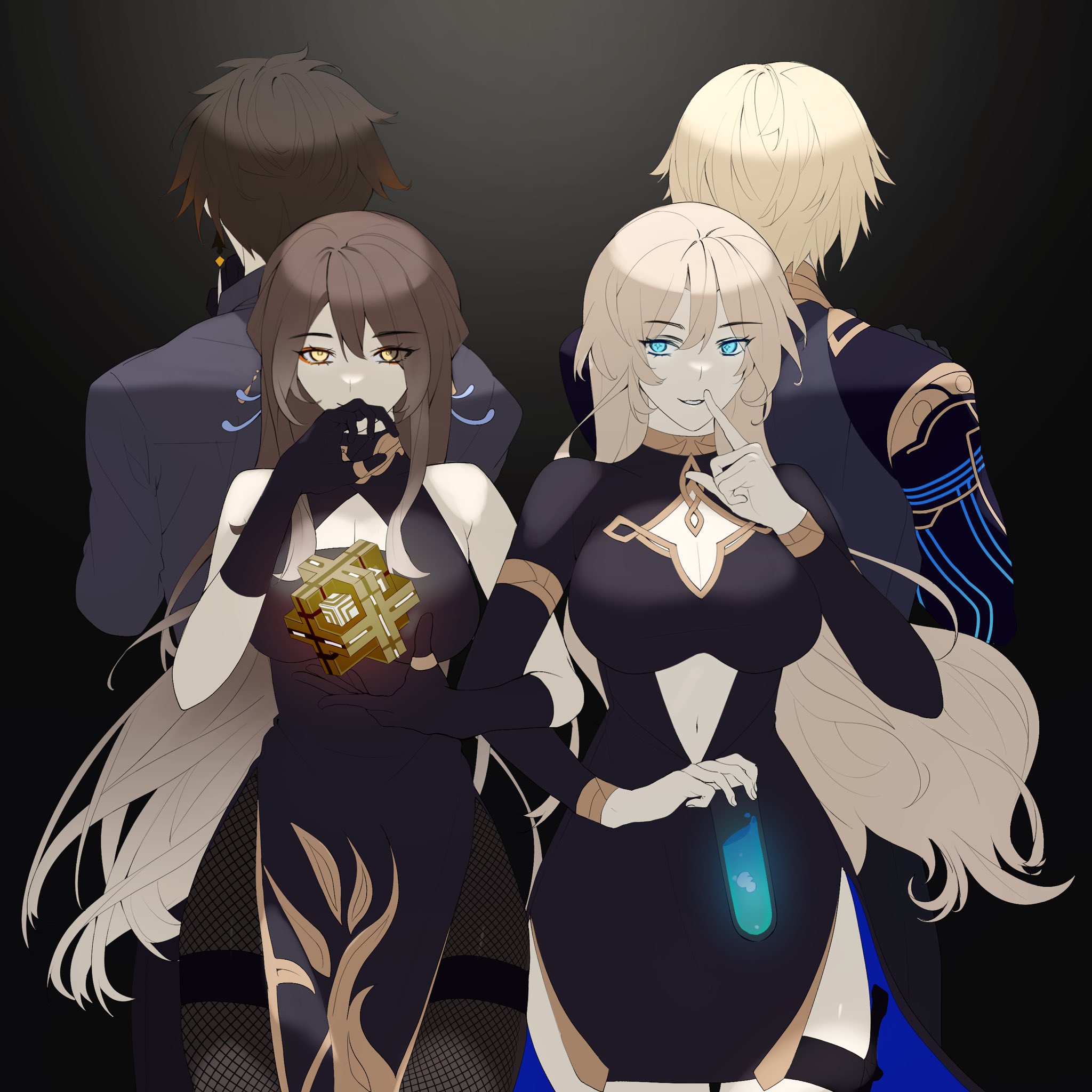 this image shows four anime characters. the two central figures are women, one with long black hair and one with long blonde hair. they both wear black dresses adorned with gold accents. the woman with black hair is holding a gold object and the woman with blonde hair is holding a test tube with blue liquid. behind them, to the left, stands a man with long, dark hair and a black suit. to the right, another man stands with blonde hair and a blue and gold suit. all characters have serious expressions, and the background is black.