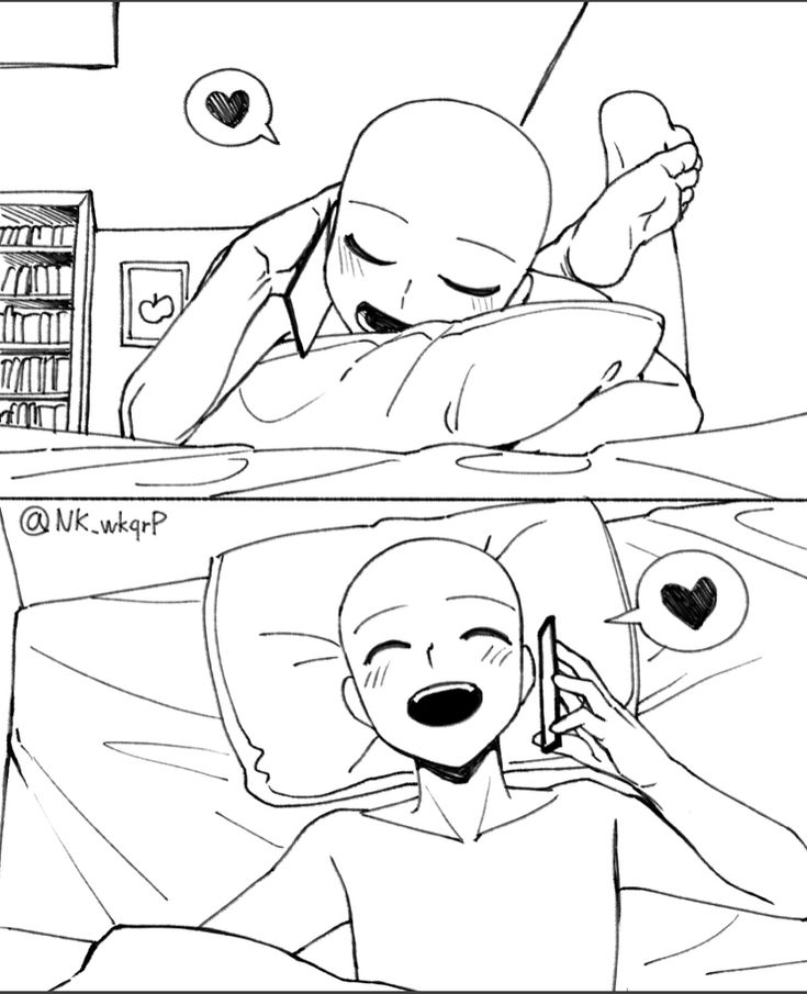 a drawing base of a couple on a bed. one is sleeping peacefully while the other is waking up and using a phone. it's a black and white illustration with a simple and cartoon style. the couple is in a loving relationship, as indicated by the hearts around them. this image is a perfect template for drawing an anime or manga style couple.