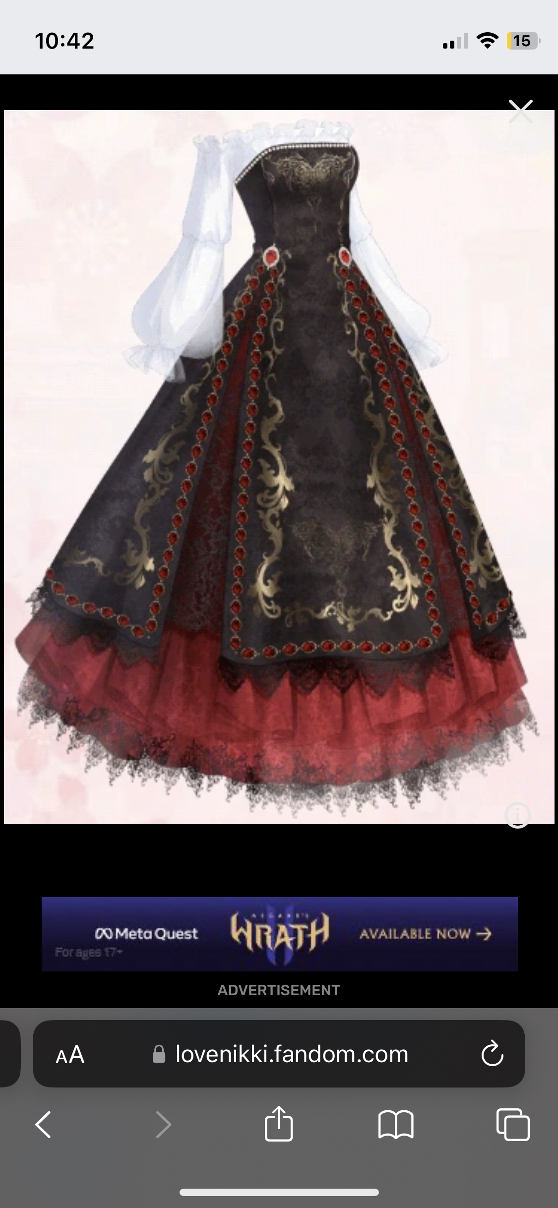the image showcases a fulllength view of a sophisticated black and red gown. the bodice is black with delicate gold embroidery, featuring a strapless design and a sweetheart neckline. the skirt flows outward in an aline silhouette, cascading to the floor with layers of black fabric adorned with intricate gold floral patterns and red lace trimming. a white, billowing sleeve adds a touch of contrast and romanticism. the dress is presented against a plain white background, allowing its intricate details and rich colors to stand out.